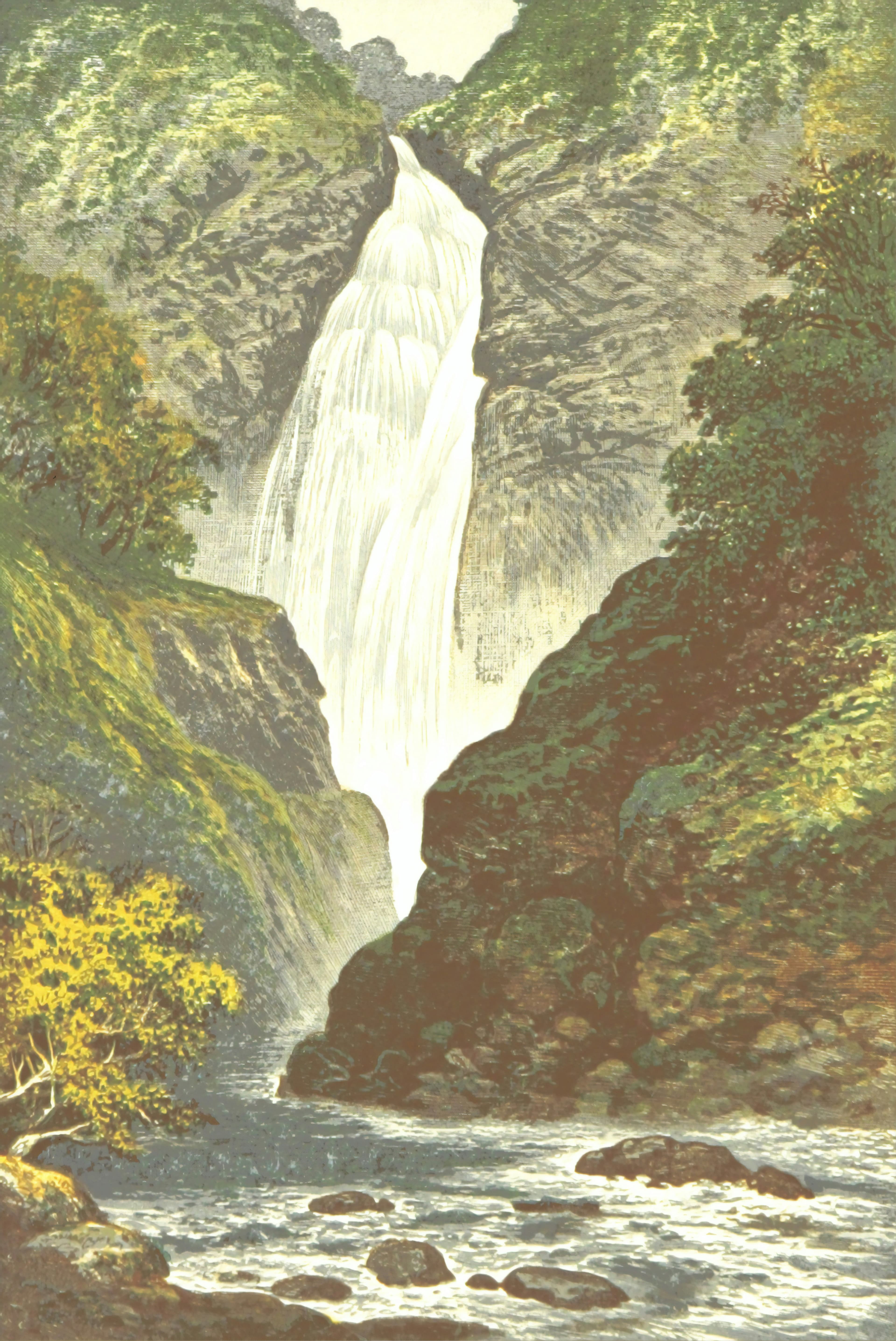 Waterfall lake among green hills painting